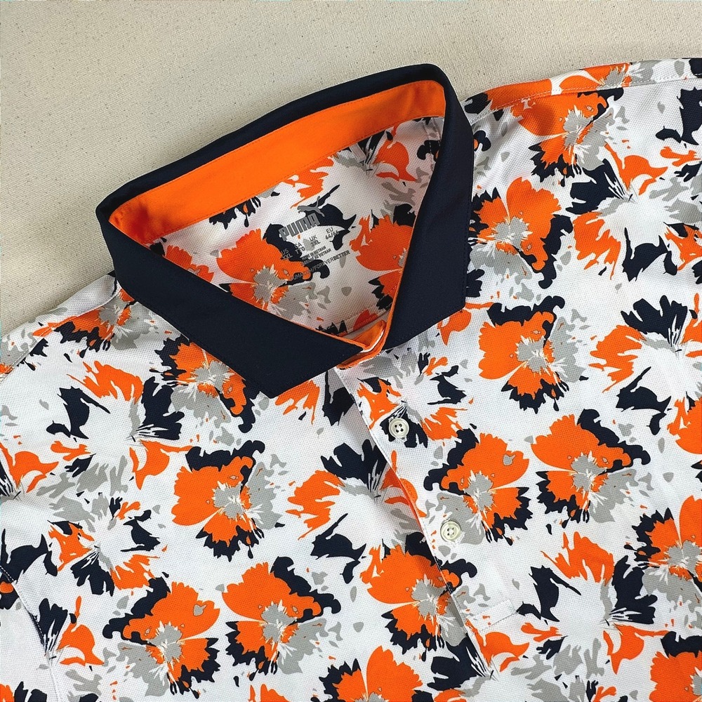 Puma Golf Mens XXL Floral Print Performance Polo Shirt White Orange Navy 626991